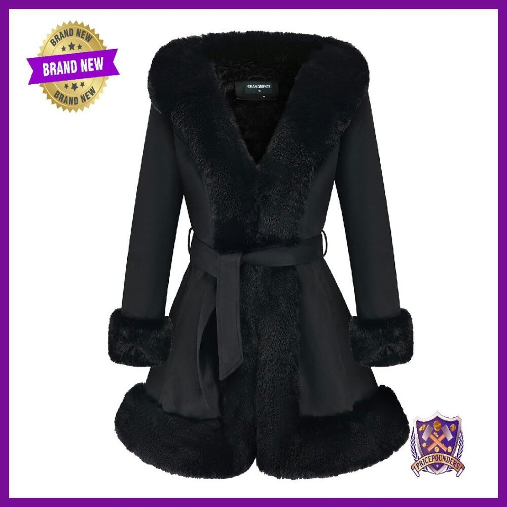 Women's Faux Fur Collar Suede Jacket Parka Coat with Belt Winter Outerwear
